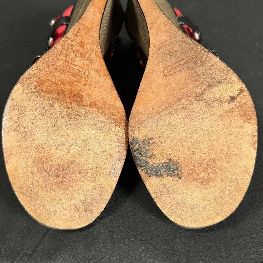 Coach Harper Wedge Sandals Black Calf Leather Studded Medallion Womens 10B A0216